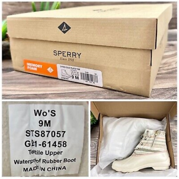 NIB Sperry Syren Gulf Playa Tan Striped Geometric Waterproof Duck Rain Boots - Picture 15 of 15